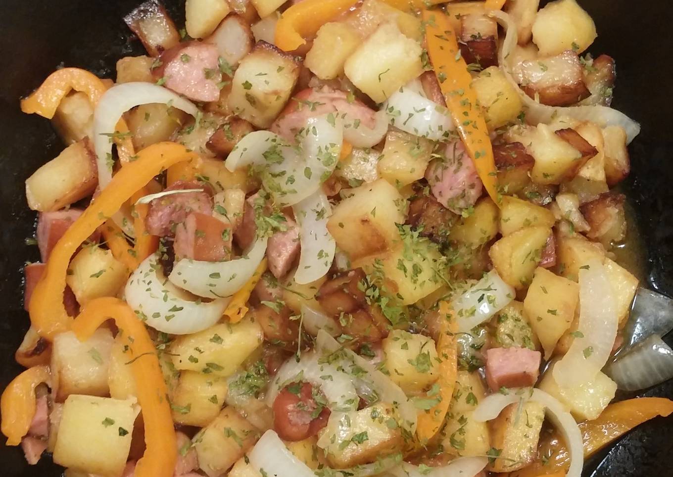 Smothered Potatoes with Bell Pepper Onions Polish Sausage