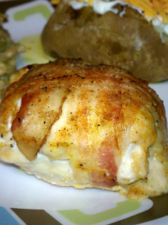A picture of Bacon wrapped stuffed chicken.