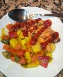 Mix de Verduras al Curry con revuelto de Huevos y Jamón