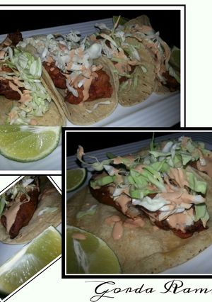 A picture of Gorda's Cali style beer battered fish tacos.