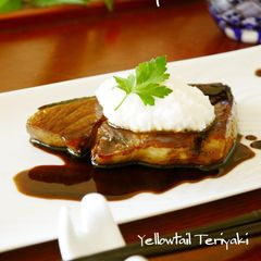 A picture of Amberjack Teriyaki with Balsamic Vinegar + Smashed Nagaimo Yam.