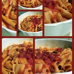 AMIEs PASTA with Sausage & Spicy Tomatoe Sauce A picture of AMIEs PASTA with Sausage & Spicy Tomatoe Sauce.