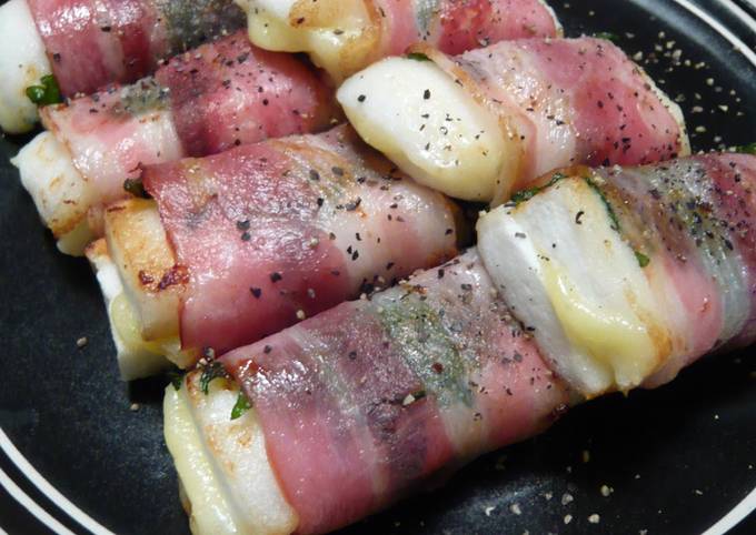 Hanpen Fish Cake and Cheese Wrapped with Shiso Leaves and Bacon