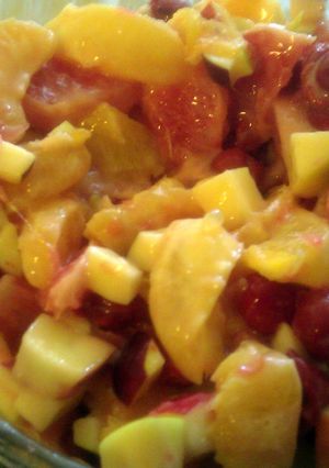 A picture of fruit salad dressing.