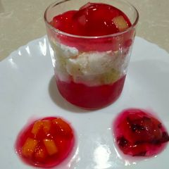 A picture of Fruit jelly and cake dessert.