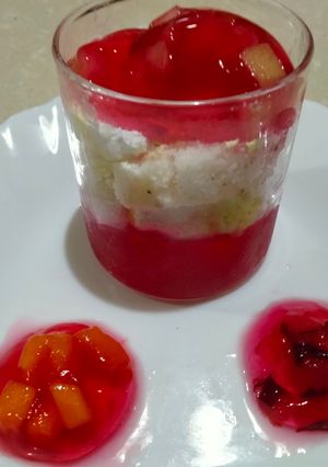 A picture of Fruit jelly and cake dessert.