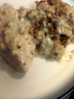A picture of Chicken and stuffing bake.