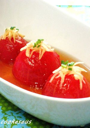 A picture of Refreshing Chilled Tomato in Dashi Stock.