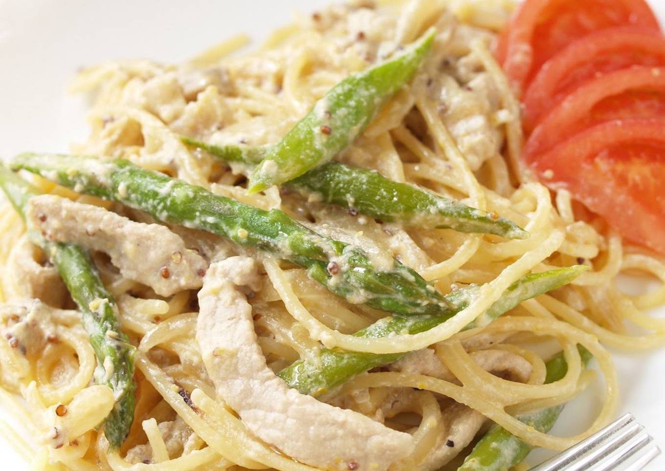 Springtime Pasta with Soy Milk- Miso-Mustard Cream Sauce