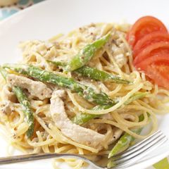 A picture of Springtime Pasta with Soy Milk- Miso-Mustard Cream Sauce.