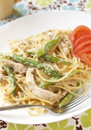 A picture of Springtime Pasta with Soy Milk- Miso-Mustard Cream Sauce.