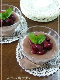 A picture of Chocolate Blancmange with Cherry Sauce.