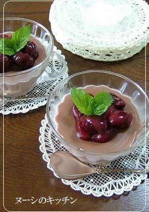 A picture of Chocolate Blancmange with Cherry Sauce.