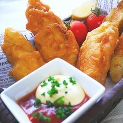 A picture of Fish and Chips made with Rice Flour.