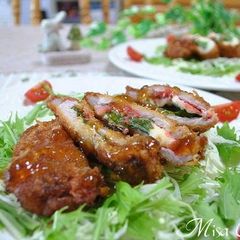 A picture of Umeboshi, Shiso Leaves, and Cheese Pork Cutlets.