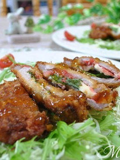 A picture of Umeboshi, Shiso Leaves, and Cheese Pork Cutlets.
