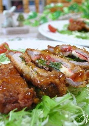 A picture of Umeboshi, Shiso Leaves, and Cheese Pork Cutlets.