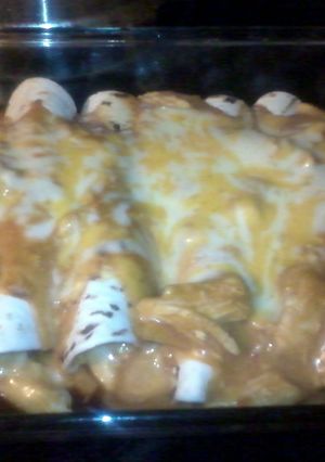 A picture of cheesy chicken enchillada.