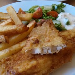 A picture of Vickys Spiced Polenta Battered Fish, GF DF EF SF NF.