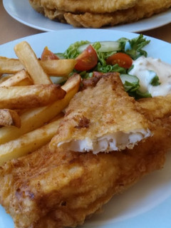 A picture of Vickys Spiced Polenta Battered Fish, GF DF EF SF NF.