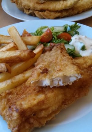A picture of Vickys Spiced Polenta Battered Fish, GF DF EF SF NF.