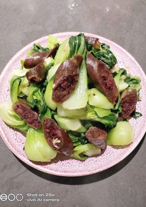 A picture of Sautéed Bok Choy with Chinese Preserved Sausage.