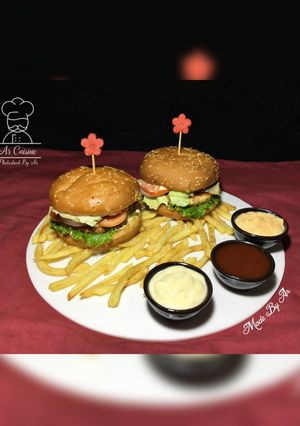A picture of Ar Special Classic Grilled Chicken Burger Served With Fries.