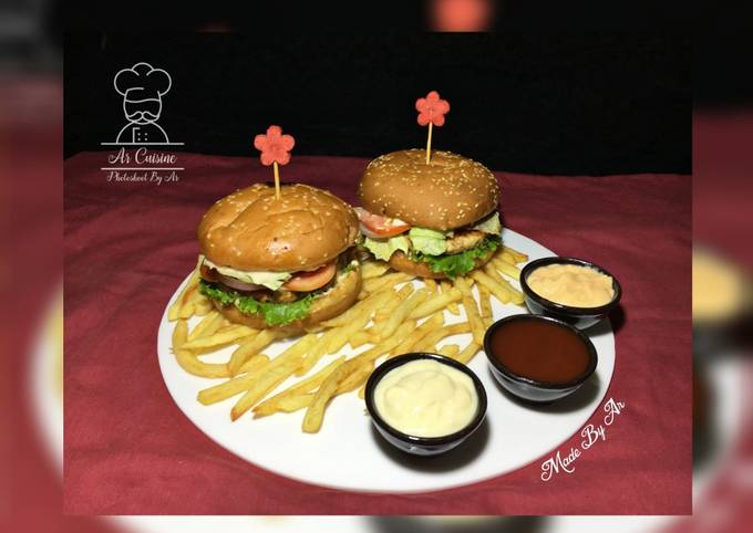 Recipe of Favorite Ar Special Classic Grilled Chicken Burger Served
With Fries