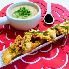 A picture of Tempura with chicken corn soup 🌽.