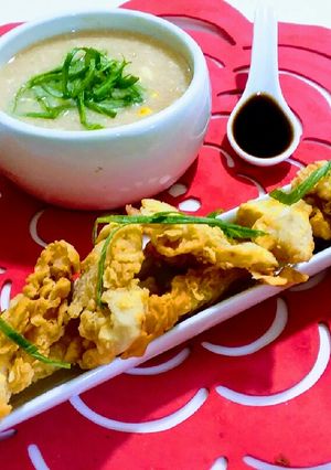 A picture of Tempura with chicken corn soup 🌽.