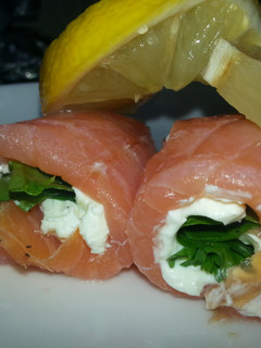 A picture of Weezy's Smoked Salmon and cream cheese spirals.