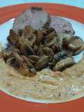 Steak with mushroom and creamy tomato sauce