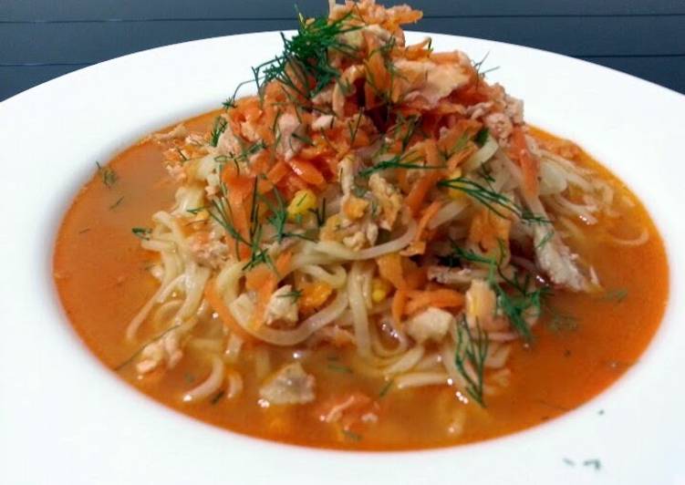 Tasy Salmon And Spiced Carrot On Ramen Noodle Soup