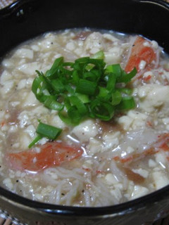 A picture of Crumbled Tofu and Crabsticks with Thickened Ume Sauce.