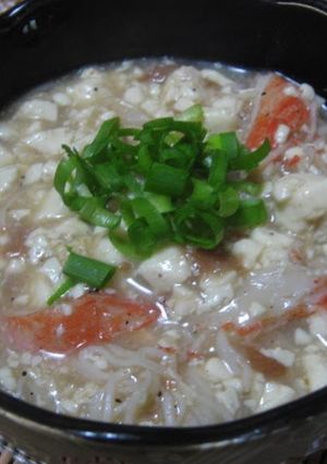 A picture of Crumbled Tofu and Crabsticks with Thickened Ume Sauce.