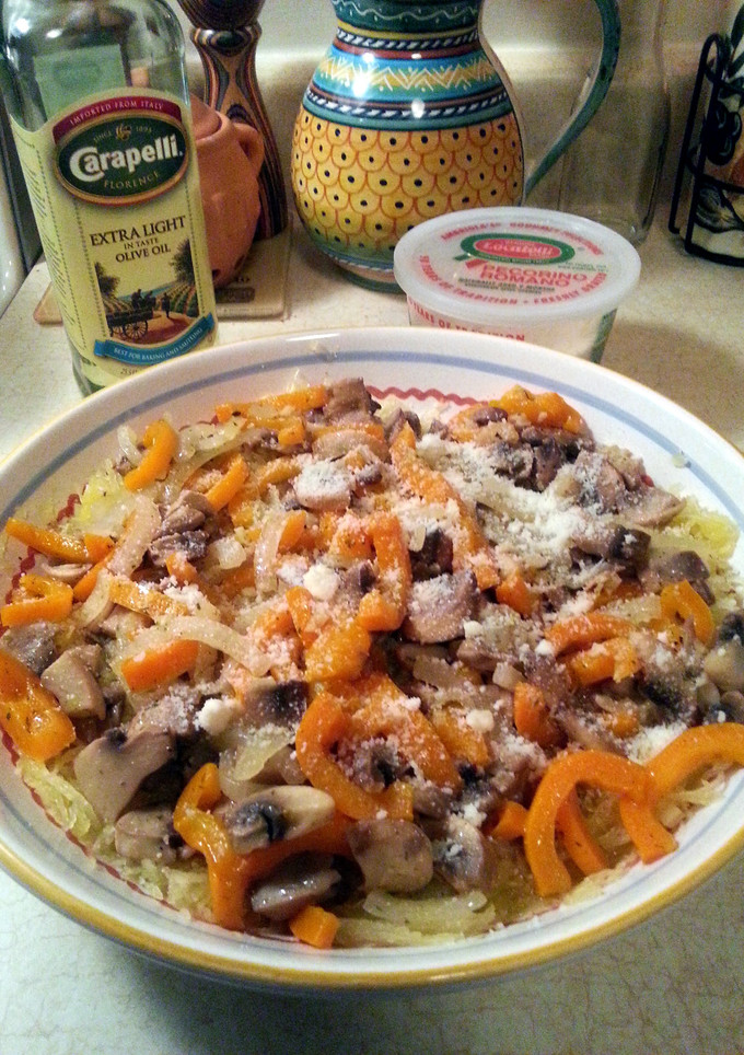 A picture of Spaghetti Squash with sauteed mushrooms.