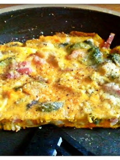 A picture of broccoli and brussel sprout omelette.