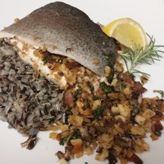 A picture of Bacon Mushroom Goat Cheese Stuffed Trout.