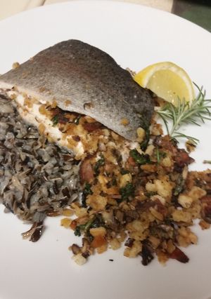 A picture of Bacon Mushroom Goat Cheese Stuffed Trout.