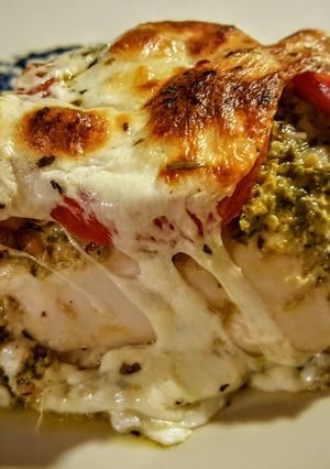 A picture of Pesto, Tomato, & Mozzarella Baked Chicken.