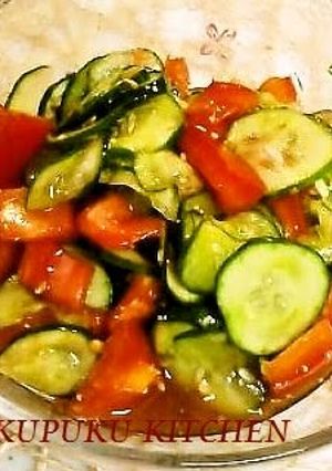 A picture of A Summery Lemon Taste! Cucumber and Tomato Salad in Sesame Seed Vinaigrette.