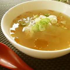 A picture of Chinese-Style Winter Melon and Sakura Shrimp Soup Flavored with Ginger.