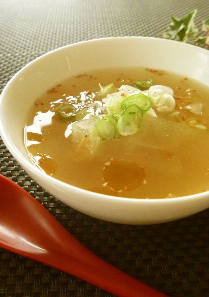 A picture of Chinese-Style Winter Melon and Sakura Shrimp Soup Flavored with Ginger.