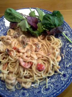 A picture of Pasta with shrimp.