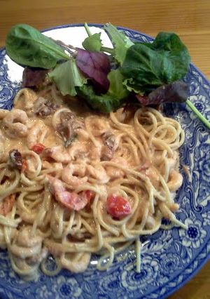 A picture of Pasta with shrimp.