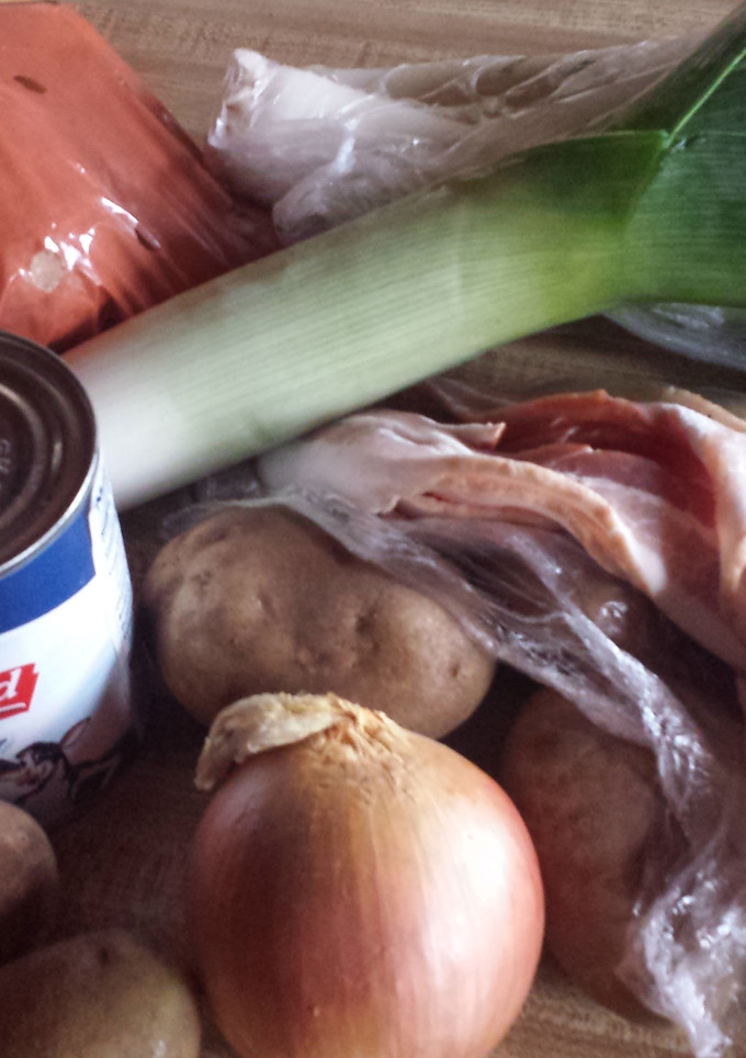 A picture of Loaded ham, bacon and potato chowder.