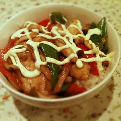A picture of Rice Bowl with Chicken Breast and Bell Peppers Stir-Fried in Oyster Sauce.