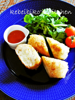 A picture of Shio-koji Soboro Croquettes Wrapped in Rice Paper.