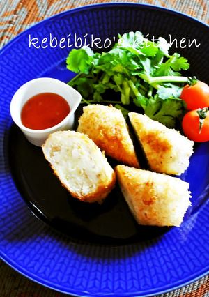 A picture of Shio-koji Soboro Croquettes Wrapped in Rice Paper.