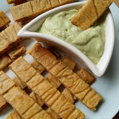A picture of Vickys Herb & Chickpea 'Fries' with Garlic & Avocado Aioli, Gluten, Dairy, Egg, Soy & Nut-Free.